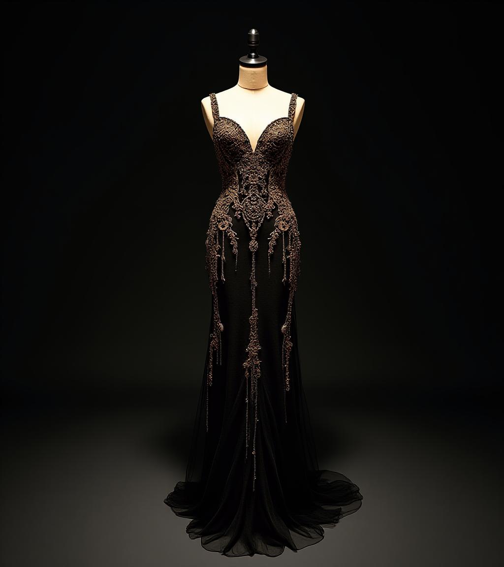 Vestido de noche Art Deco artesanal sobre fondo oscuro
